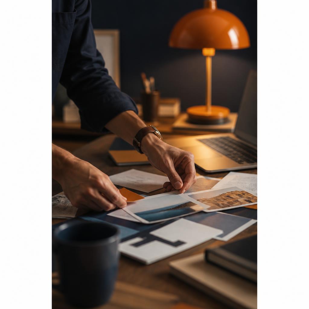 Hands arranging notes beside a laptop and an amber desk lamp